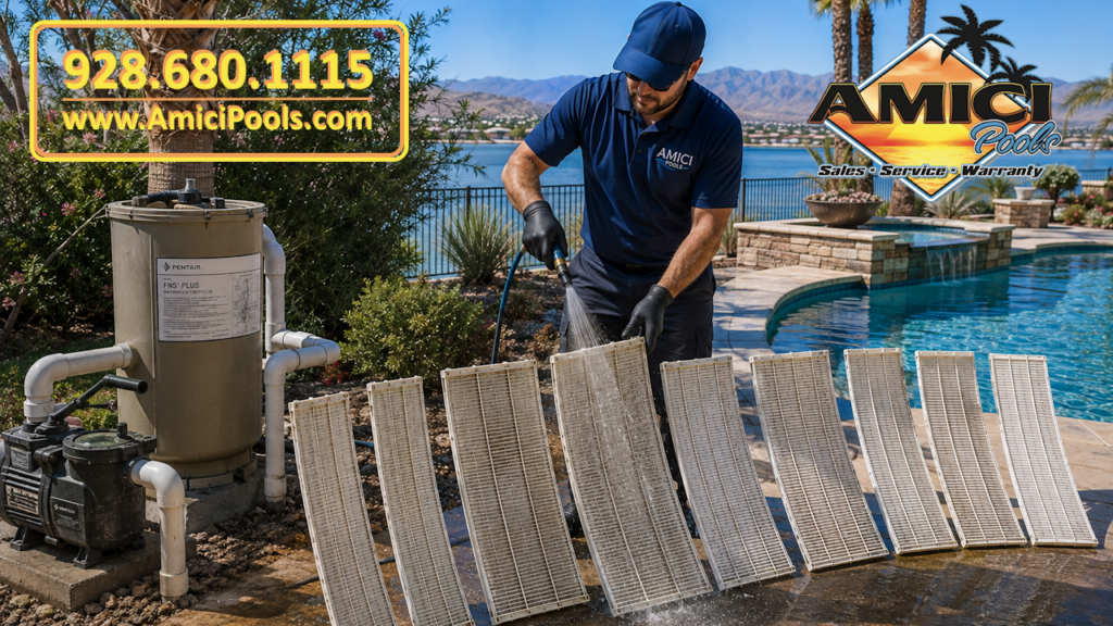 Amici Pools Pool Service Technician Cleaning a DE Pool Filter Grid for a Pool Owner in Lake Havasu City in Mohave County, Arizona